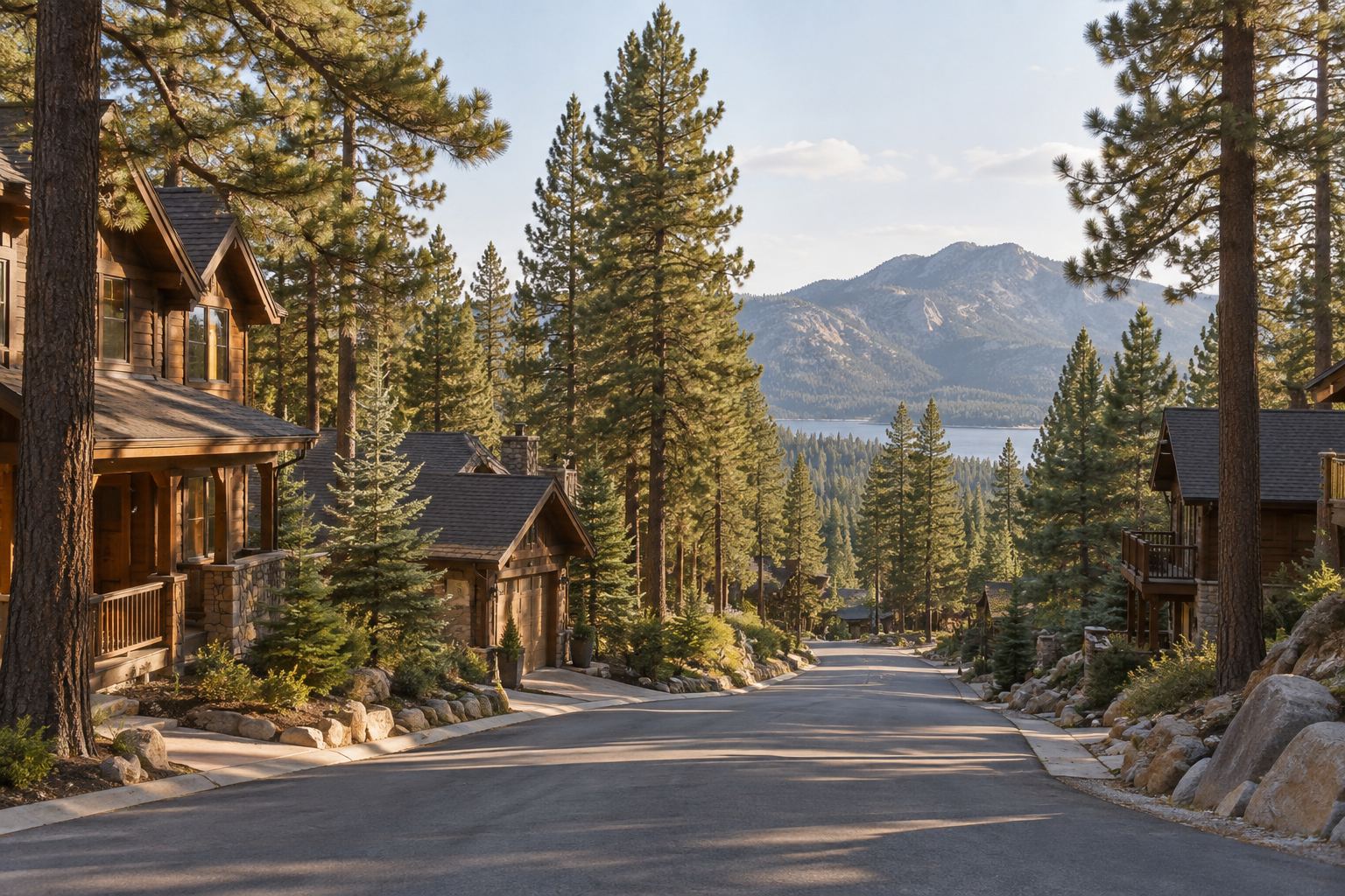 A quiet mountain residential street, illustrative