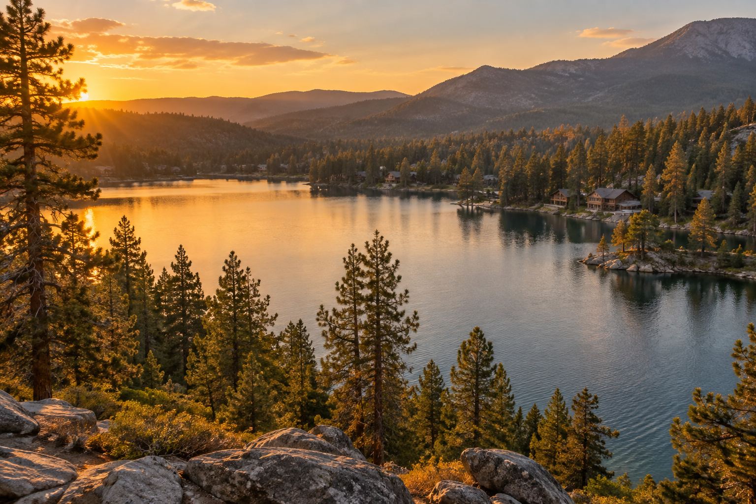 A forested mountain lake at golden hour in the San Bernardino Mountains, illustrative