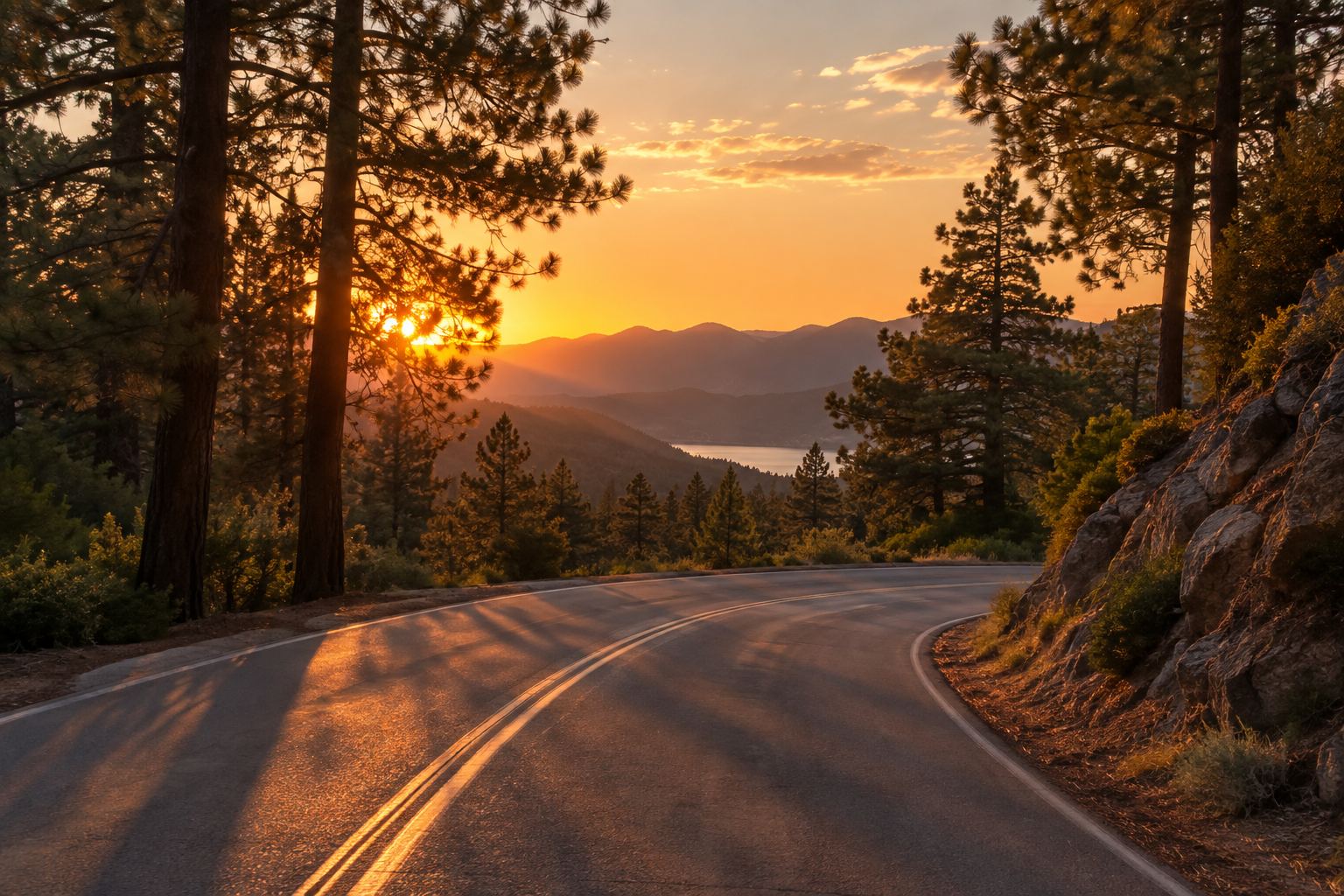 A quiet pine-lined mountain road at sunset, illustrative