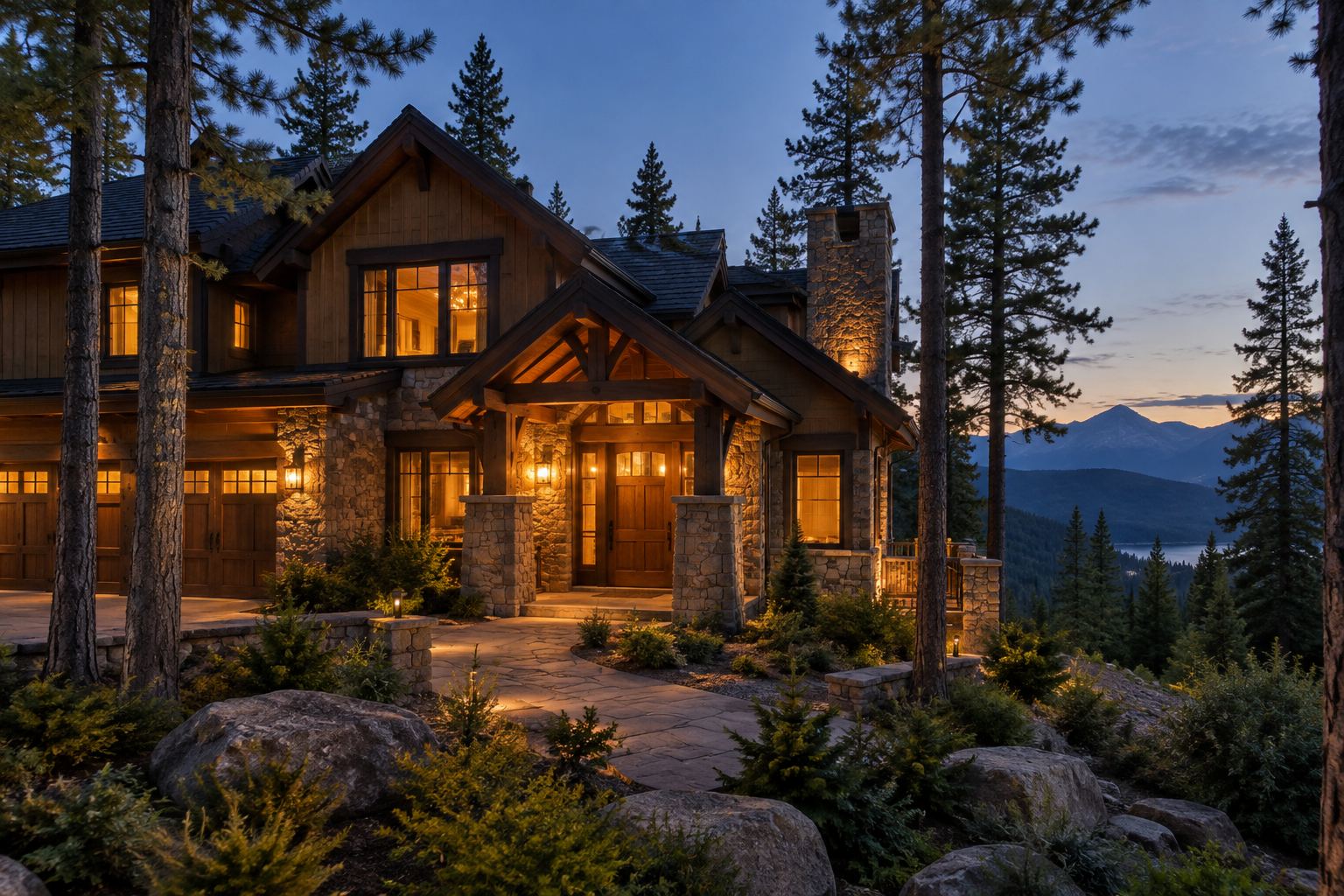 An upscale mountain home exterior at dusk, illustrative