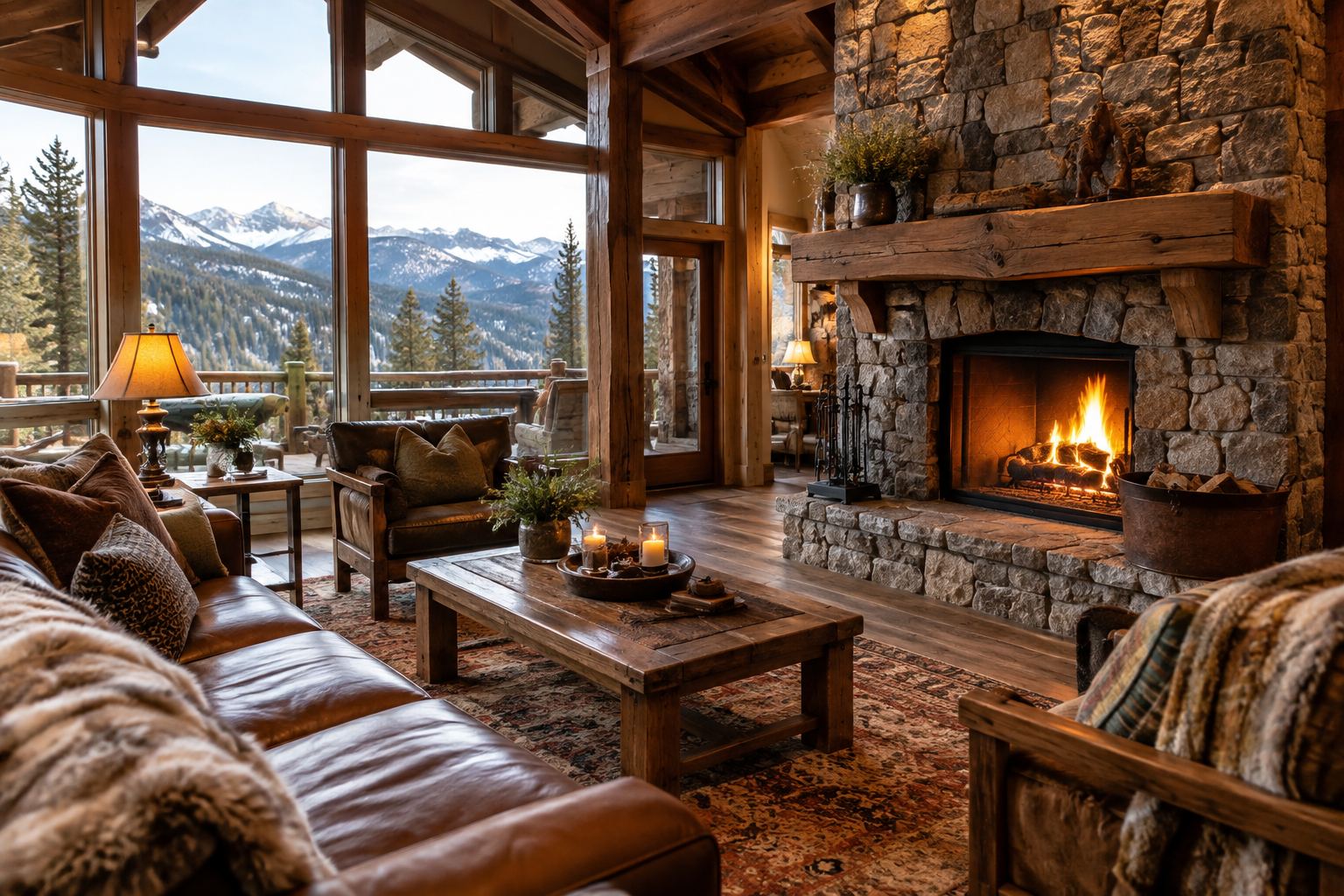 A cozy mountain cabin living room, illustrative